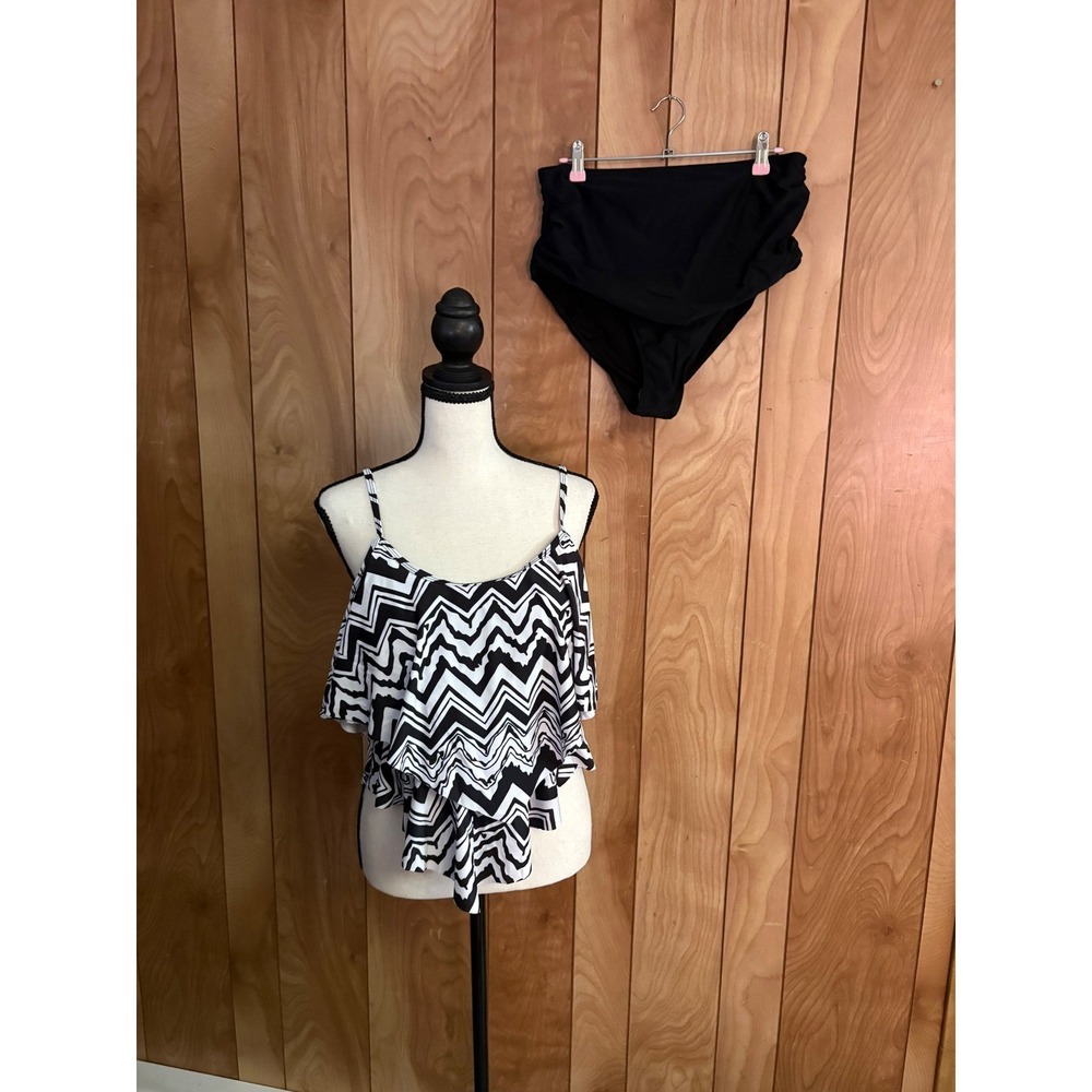 Chevron Ruffle Tankini Set Black White High Waisted Swimsuit XXL